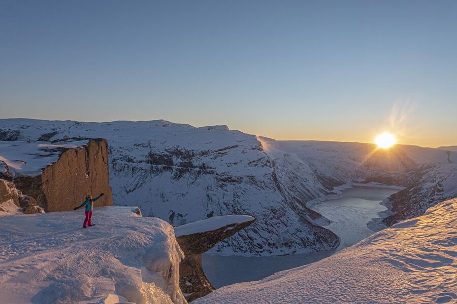 From Skjeggedal: Trolltunga Sunset Winter Overnight tour - When safety means alternatives, not disappointment