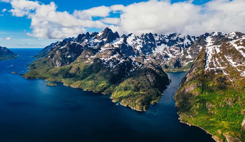 Snow peaks above the Trollfjord in the Lofoten Islands