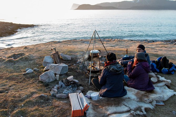 Tromsø: Midnight Sun with Campfire with Wandering Owl - Grotfjord and the Beach Camp Setup on Tromsø Islands