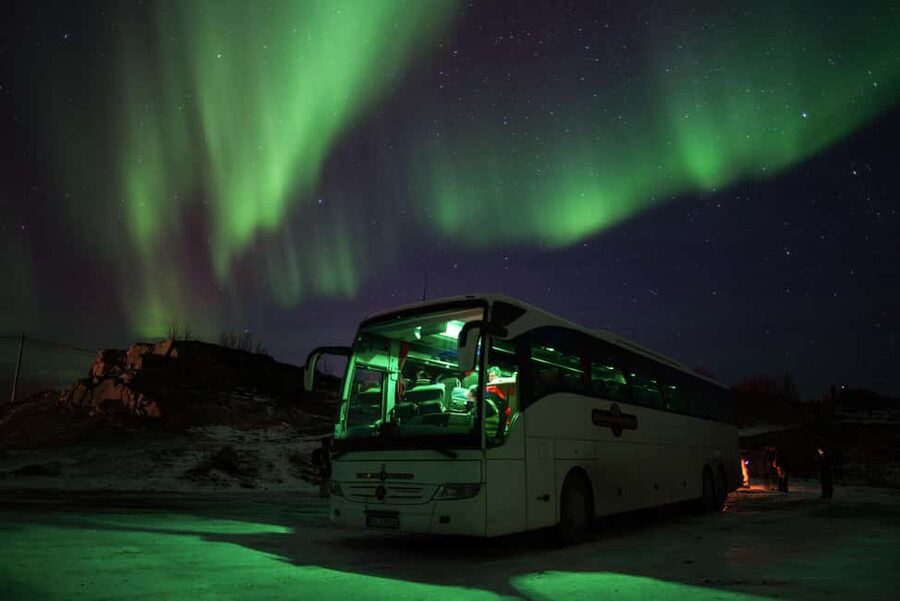 Tromsø: Northern Lights Tour with Local Stories & Photos - Norwegian Travel meeting point, then settle into the warm bus